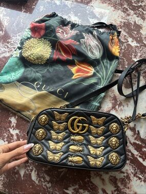 Gucci Black Leather GG Marmont Crossbody with Gold Bug & Lion Studs